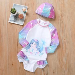 Kidsyuan Angelic Sun Safety: Adorable Girls Cartoon Angel Print Swimwear Set with Long Sleeves and Swim Cap for Ages 3-7