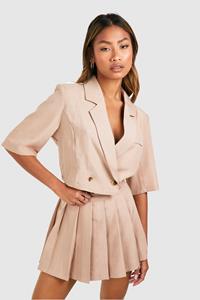 Boohoo Korte Linnen Look Boxy Blazer, Camel