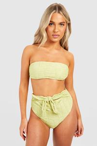 Boohoo High Waist Bikini Broekje Met Textuur En Strik, Lime
