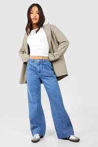 Boohoo Petite Turn Up Hem Straight Leg Jeans, Mid Blue