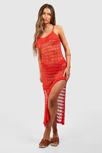 Boohoo Crochet Strappy Beach Maxi Dress, Red Orange