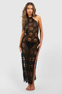Boohoo Gehaakte Bloemen Maxi Strand Jurk Met Halter Neck, Black