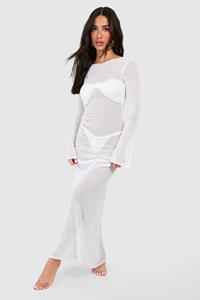 Boohoo Petite Gebreide Maxi Strand Jurk Met Laag Uitgesneden Rug, White