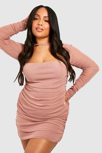 Boohoo Plus Gedraaide Geplooide Mesh Bodycon Jurk, Rose