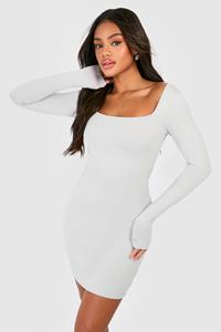 Boohoo Bodycon Jurk Met Vierkante Hals En Lange Mouwen, Grey