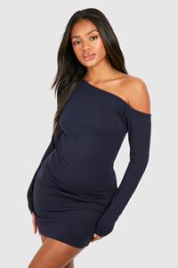 Boohoo Ruched Bardot Long Sleeve Mini Dress, Navy