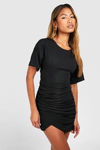 Boohoo Geribbelde Geplooide Mini Wikkel Jurk, Black