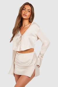 Boohoo Satijnen Micro Mini Rokje Met Hoge Split, Cream