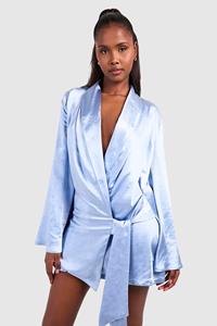 Boohoo Satijnen Wikkel Blouse Jurk, Blue