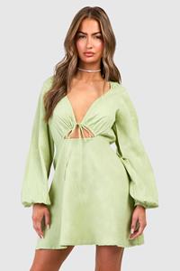 Boohoo Linnen Mini Jurk Met Strik En Pofmouwen, Khaki