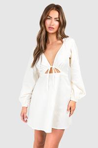 Boohoo Linnen Mini Jurk Met Strik En Pofmouwen, Stone