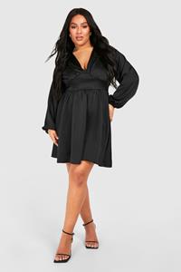 Boohoo Plus Satijnen Mini Skater Jurk Met Korset Detail, Black