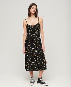 Superdry Vrouwen Cami Midi-jurk met Knoopsluiting en Print Zwart