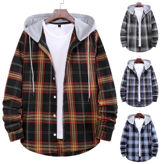 Selling Clothing Drawstring Hooded Long Sleeves Single-breasted Shirt Coat Men Spring Autumn Plaid Print Patchwork Color Loose Jacket Streetwear