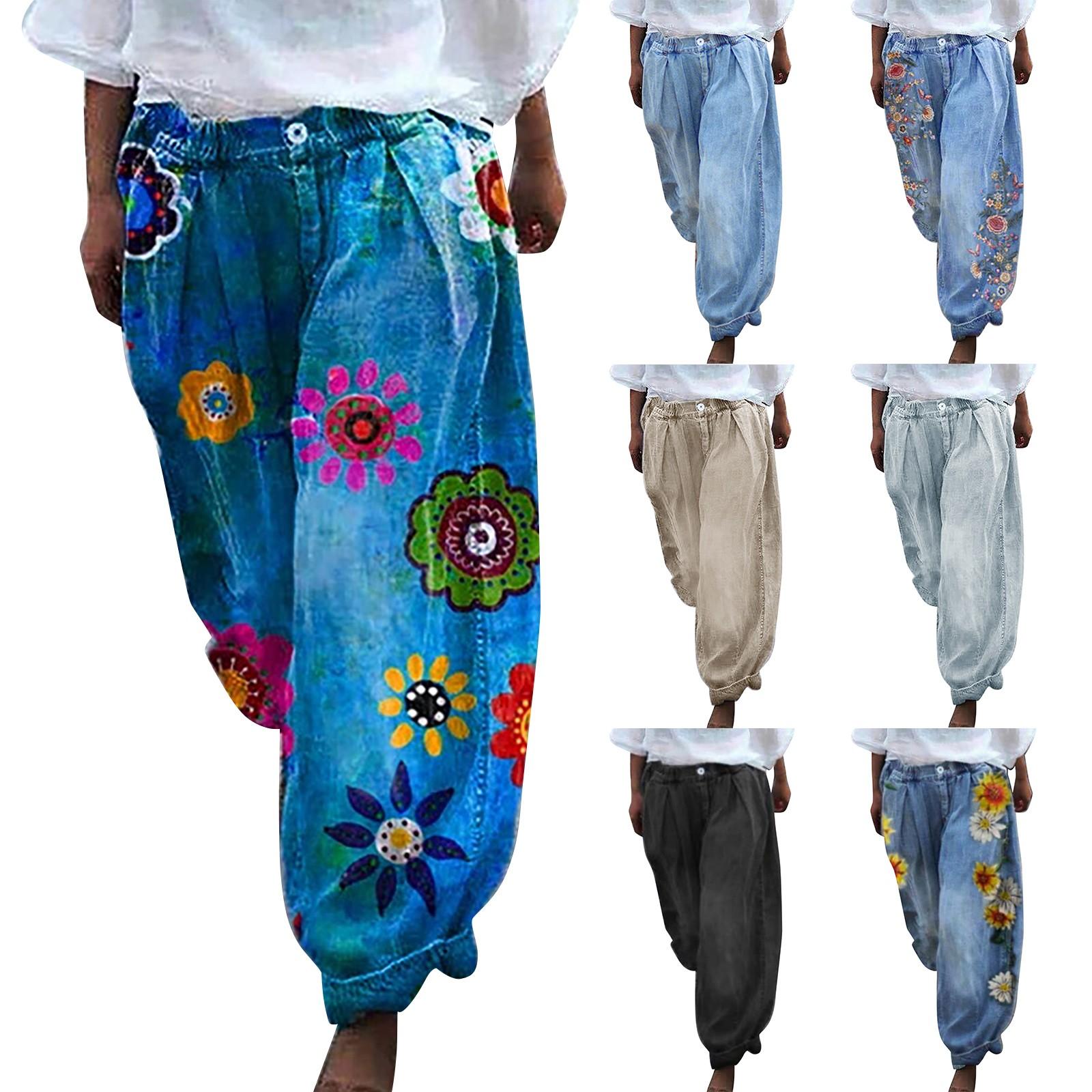 Mudahua Relaxte rechte jeans van imitatiedenim, damesjeans, straatmode, broek met wijde pijpen, cropped broek voor dames