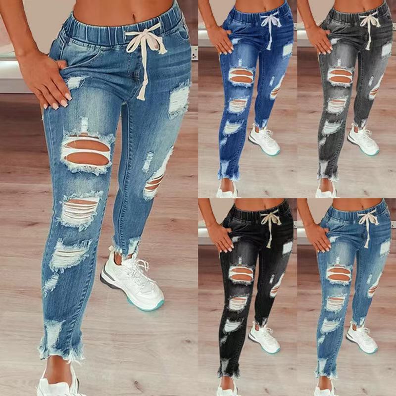 Optimal motion High Waisted Distressed Elastic Waist Drawstring Jeans for Women