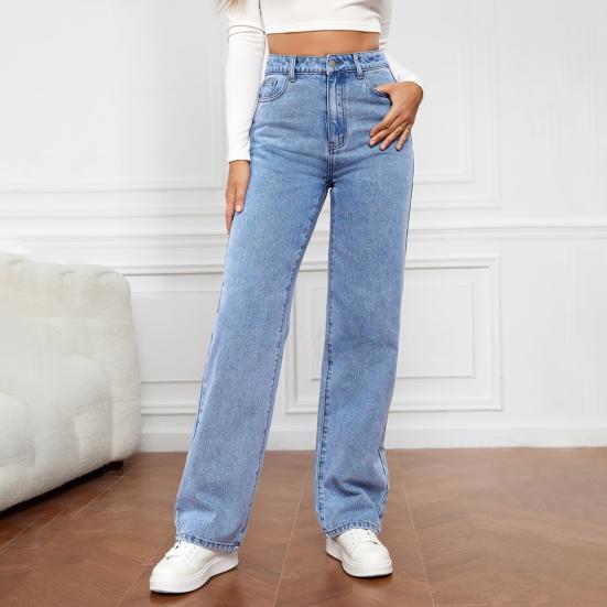 Dress Fancy Club Women Jeans High Waist Zipper Button Closure Solid Color Slim Fit Wide Leg Retro Straight Pockets Soft Colorfast Lady Full Length Denim Pants