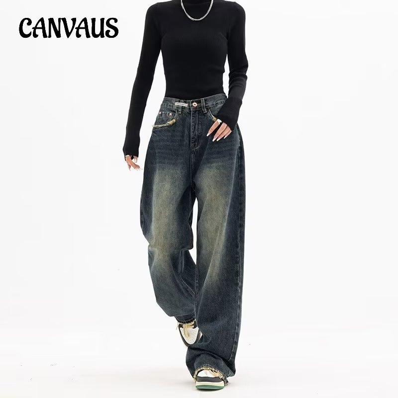 CANVAUS Lente en zomer nieuwe jeans plus size dames hoge taille dunne rechte losse retro high street casual broek wijde pijpen broek