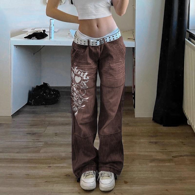 Mille Ladies Casual Irregular Printed Loose Pants Low Rise Jeans