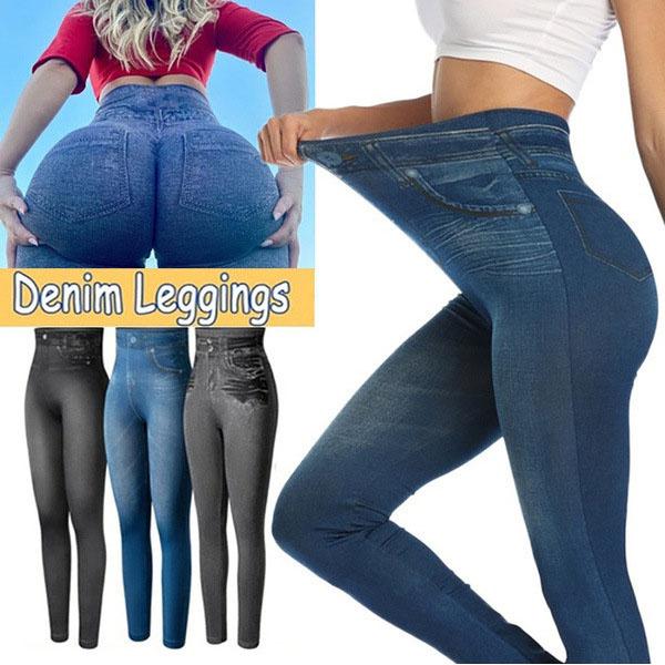 FIVE FIVE Stretch Well Fitness Fake Pockets High Waist Leggings Faux Denim Jeans Sexy Elastic Jeggings Soft Casual Thin Pencil Pants