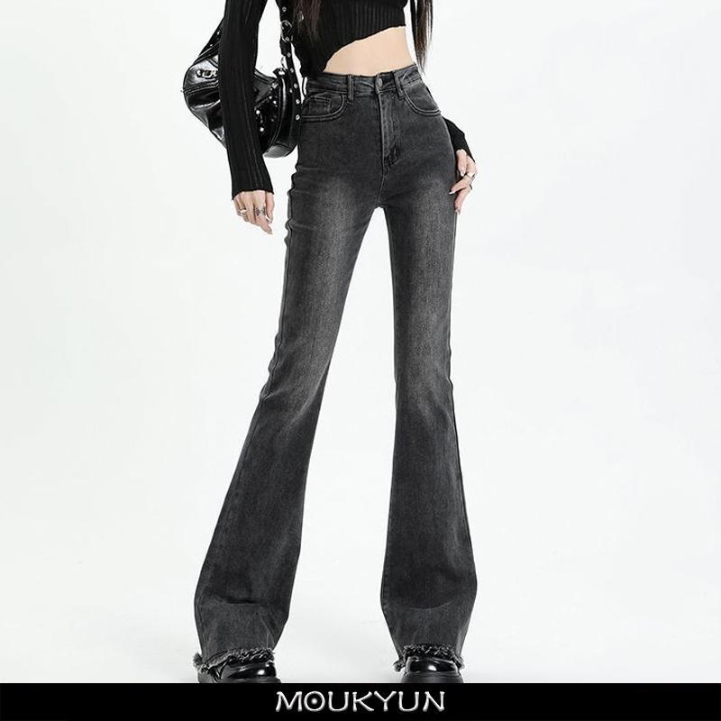 MOUKYUN Gray Flared Jeans Women's Spring Autumn High-waisted Slim-fit Pants Retro Y2K Street Female Denim Trousers