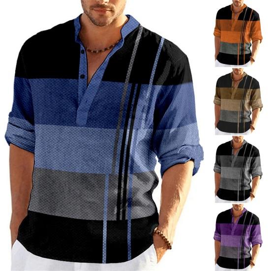 Yideyi Men Business Shirt V-Neck Buttons Neckline Long Sleeve Pullover Tops Patchwork Color Casual Shirt Tops