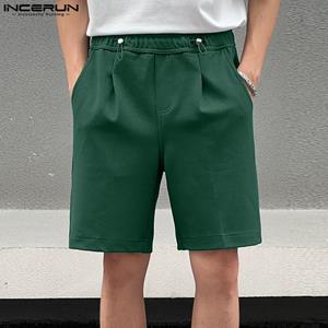 INCERUN Heren effen kleur shorts met wijde pijpen en trekkoord, elastische taillebroek