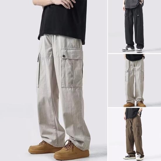 Fengwangpin Men Cargo Pants Loose Wide Leg Deep Crotch Retro Straight Multi Pockets Solid Color Soft Breathable Full Length Hip Hop Streetwear Men Long Trousers