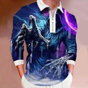 3D Custom Clothing Polo Shirts Men Long Sleeve Fashion Blue Skeleton Print New Men's Polo Shirt Long Sleeve Zipper T-shirt Top
