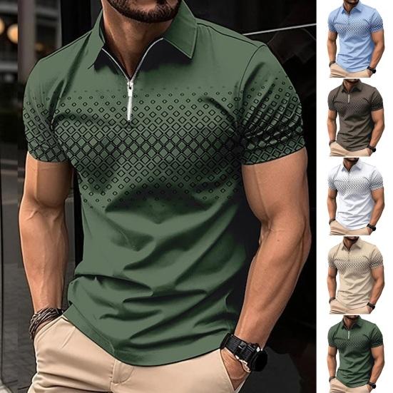 Kaileflf Men Summer Shirt Turn-down Collar Zipper Short Sleeve Printed Color Matching Pullover Slim Fit Mid Length Casual Daily Top