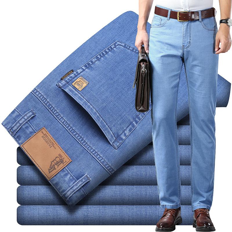 Cream of the crop Summer thin section jeans men's medium elastic casual high waist blue middle-aged denim trousers spring and summer new models