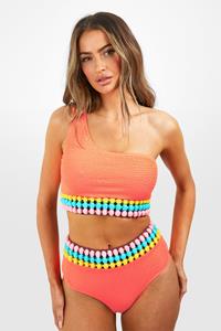Boohoo Gekreukelde Bikini Set Met Pom Poms En Eén Blote Schouder, Neon-Coral