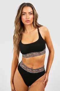 Boohoo Gekreukelde Gestreepte Luipaardprint Bikini Top Met Lage Ronde Hals, Black