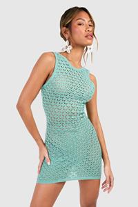 Boohoo Dikke Gehaakte Mini Jurk Met Lage Ronde Rug, Turquoise