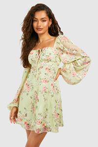 Boohoo Bloemenprint Skater Jurk Met Shirtmouwen, Sage