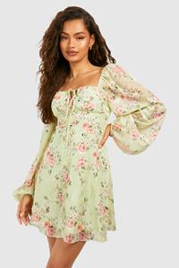 Boohoo Floral Blouson Sleeve Skater Dress, Sage