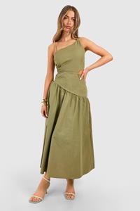 Boohoo Asymmetrische Linnen Midaxi Jurk Met Uitsnijding, Olive