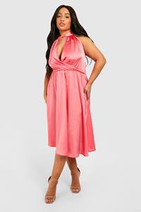 Boohoo Plus Satin Halter Neck Skater Dress, Pink