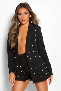 Boohoo Petite Blazer Met Parels, Black