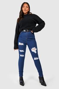 Boohoo Plus Versleten Skinny Jeans, Mid Wash