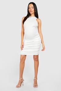 Boohoo Zwangerschap Geribbelde Geplooide Mini Jurk Met Racer Hals, Cream