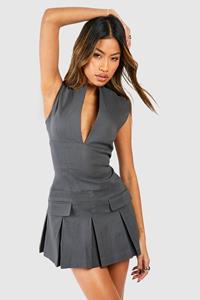 Boohoo Getailleerde Geplooide Mini Jurk Met Halsinkeping, Charcoal