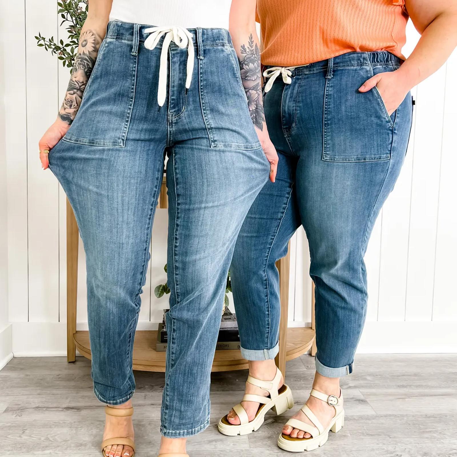 ElongPaoXiao Dames pull-on joggingbroek met trekkoord, casual jeans voor dames, casual rechte broek