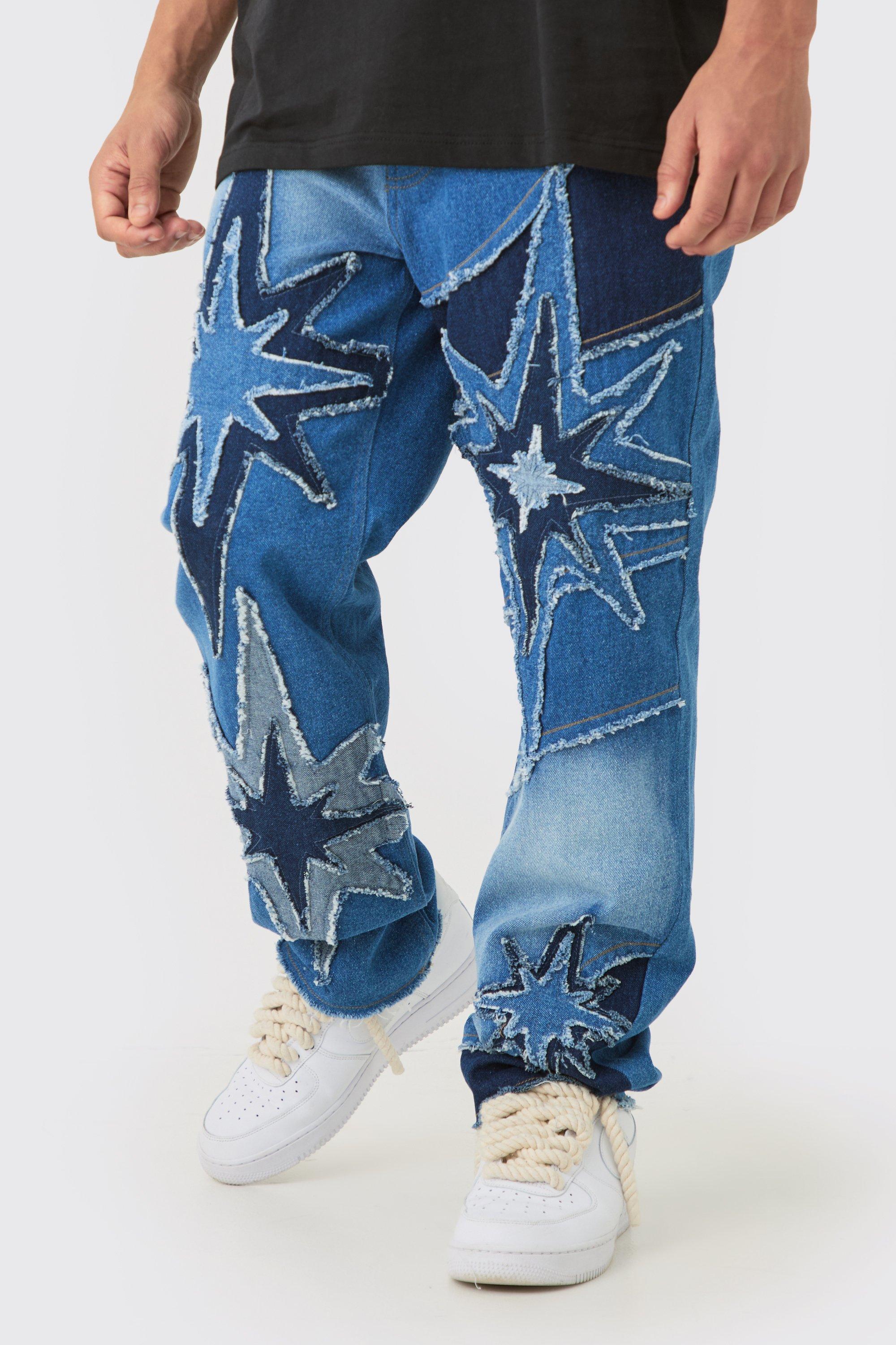 Boohoo Relaxed Rigid Star Cut & Sew Jean In Blue, Ice Blue