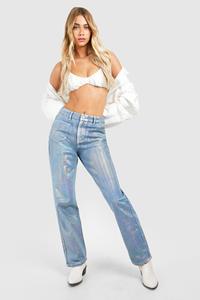 Boohoo Iridescent Metallic Coated Straight Leg Jeans, Blue