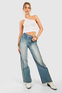 Boohoo Wide Leg Jeans Met Gerafelde Zoom En Naaddetail, Washed Indigo