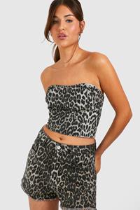 Denim Long Line Luipaardprint Bandeau Top, Brown