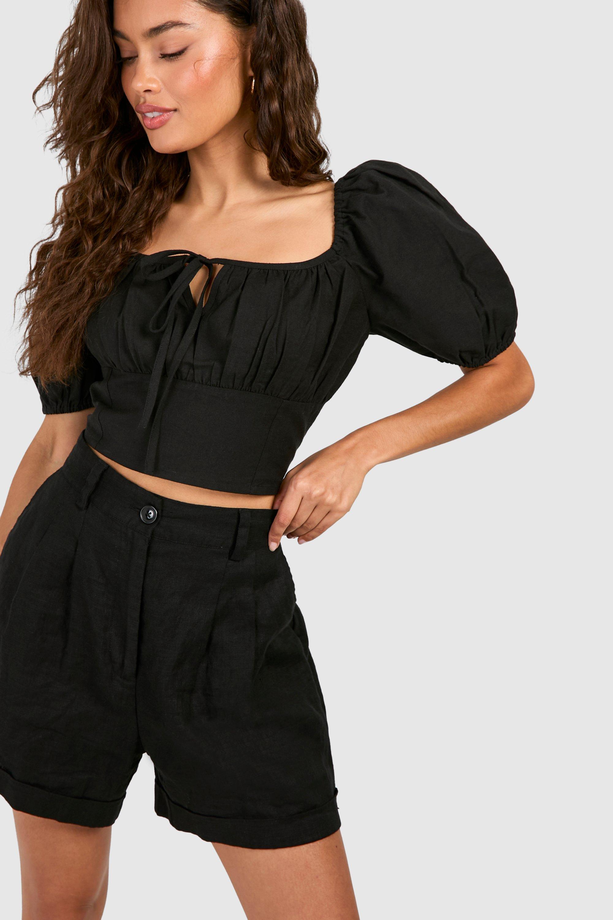 Boohoo Linen Rouched Milkmaid Top, Black