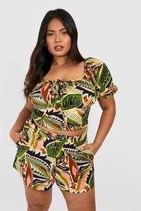 Boohoo Plus Linen Feel Paisley Print Puff Sleeve Ruched Crop Top, Green