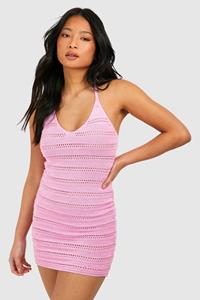 Boohoo Petite Gebreide Mini Jurk Met Halter Neck, Candy Pink